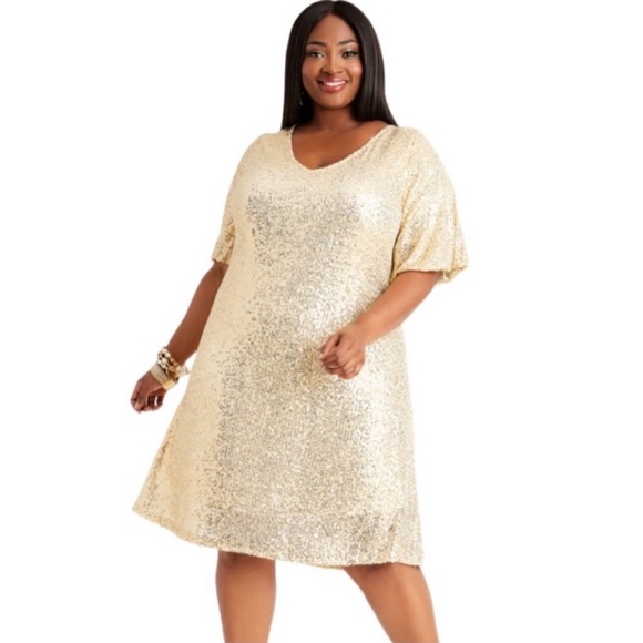 ASHLEY STEWART sz 26/28 Gold Sequin Dress VNeck Short-Sleeve Lined Party $70 NEW - Picture 1 of 16